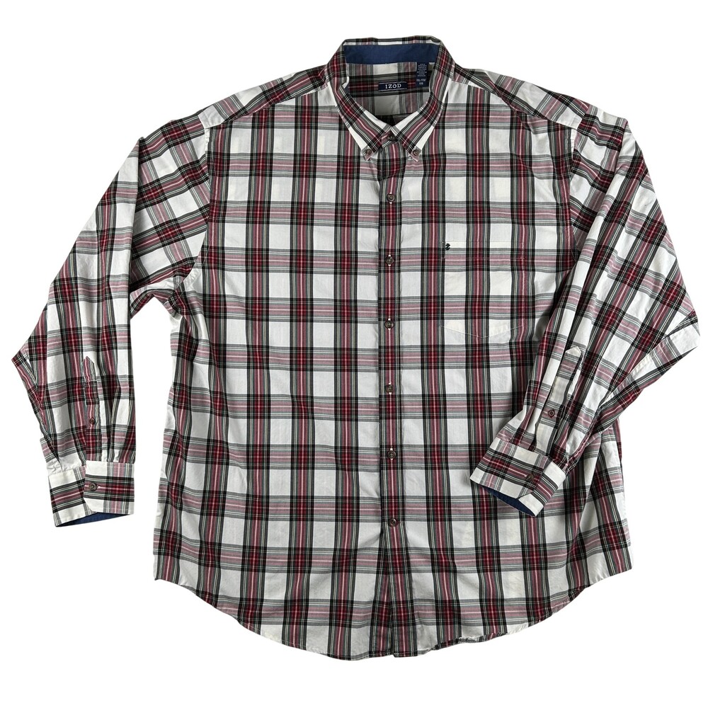 IZOD Shirt Mens 2XL Red Green Plaid Long Sleeve Button Front Cotton Casual